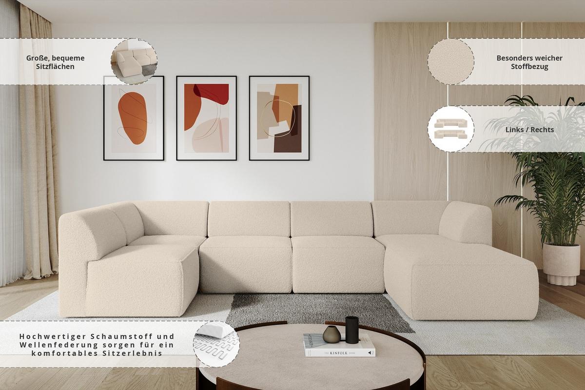 WOHNLANDSCHAFT Ottomane Rechts MOVO-L 345x180x78 cm Dunkelbegie Bouclé - Cappuccino, Holzwerkstoff/Kunststoff (180/78/345cm) - ALTDECOR