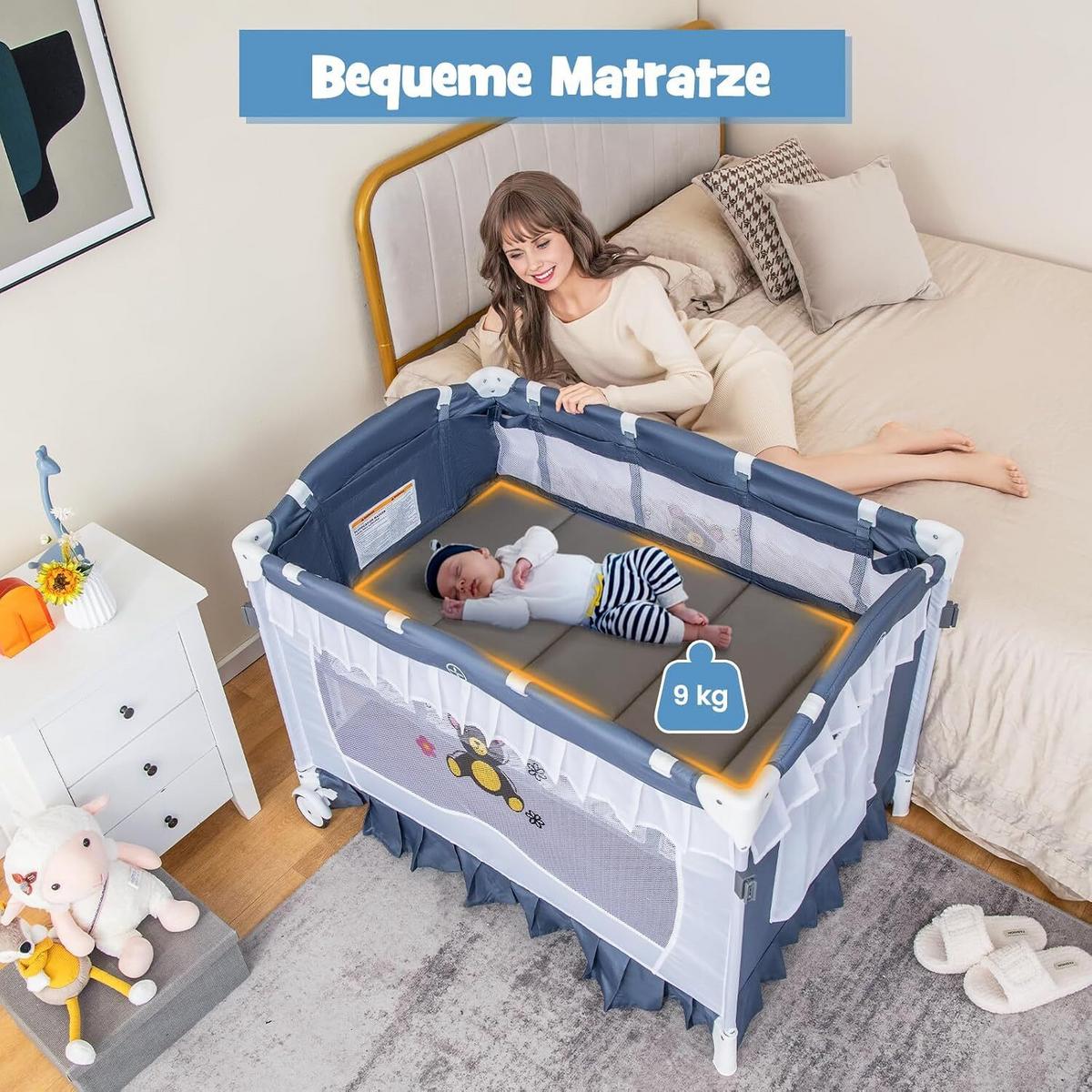 BABYBETT mit abnehmbarem Baldachin grau - Grau, Textil - COSTWAY
