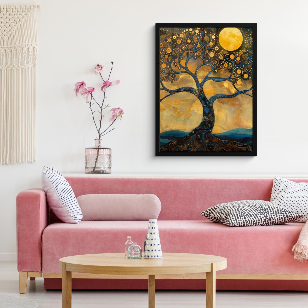 POSTER MIT RAHMEN Baum - Mond - Blumen - Gold - Kunst Posterleiste 60x80 cm - Orange, Papier (60/80cm) - MuchoWow