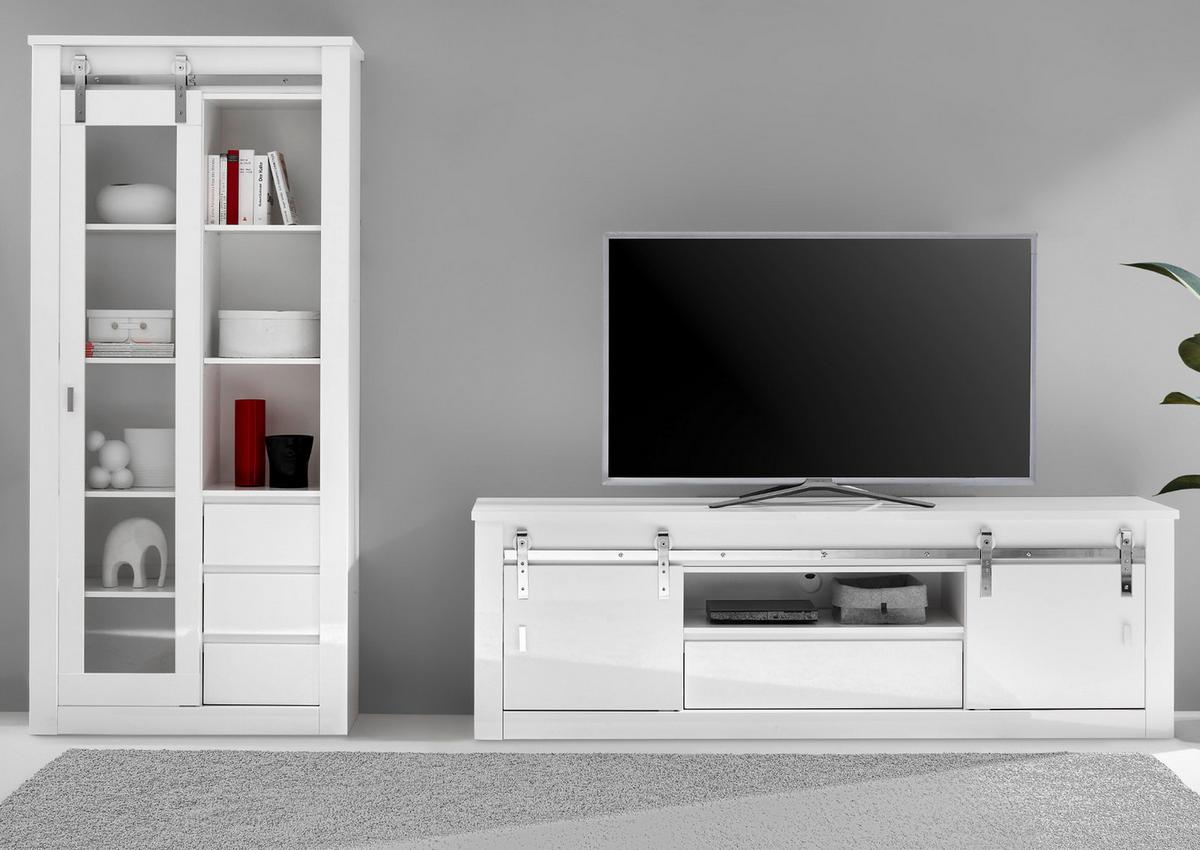 WOHNWAND weiß Hochglanz 2-teilig 309 x 201 cm, Wohnkombination mit Soft-Close - Chromfarben/Weiß Hochglanz, Glas/Holzwerkstoff (309/201/43cm) - Furn.Design
