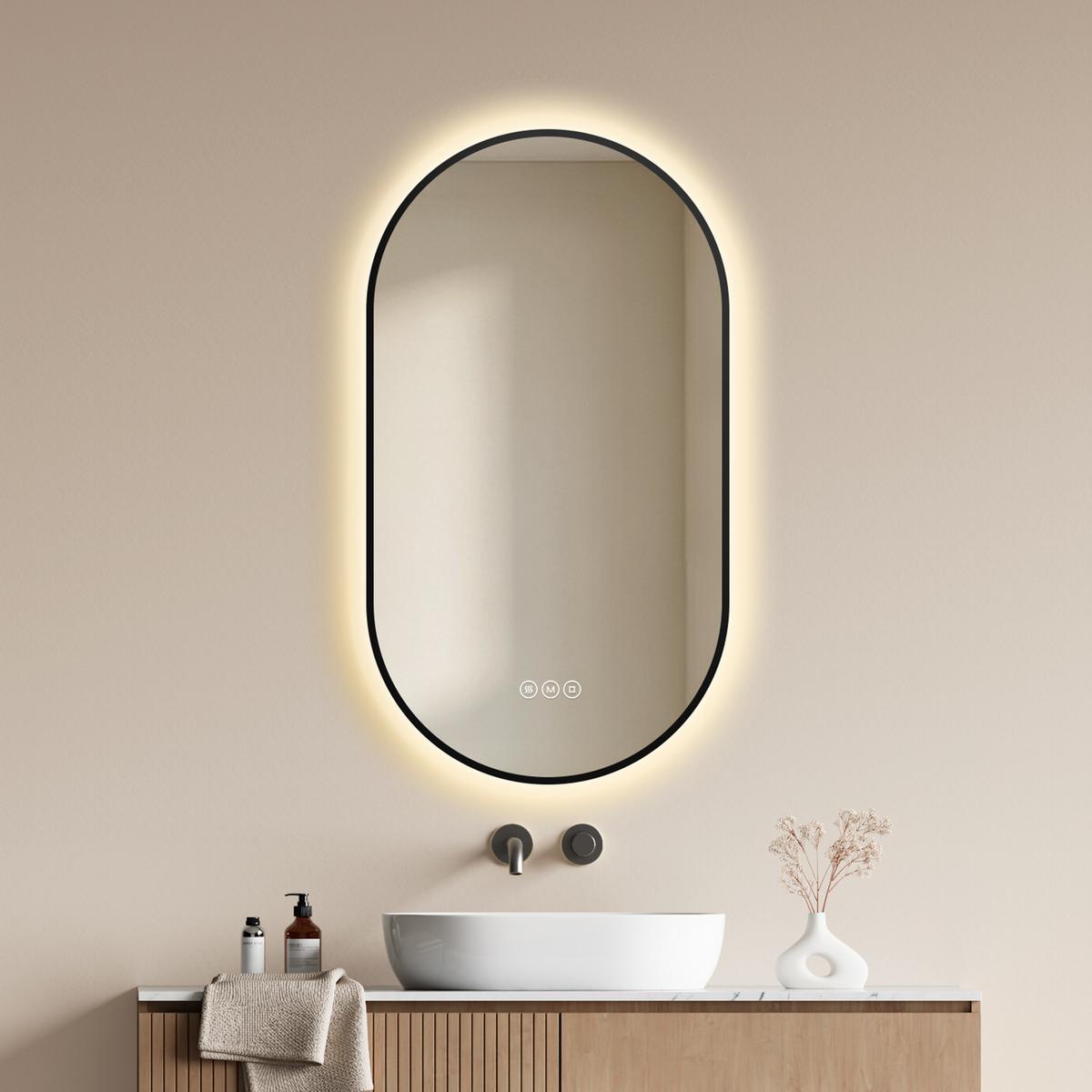 BADSPIEGEL oval mit LED-Beleuchtung 45 x 75 cm Antibeschlag Schwarz - Schwarz, Glas (75/45/2cm) - EMKE