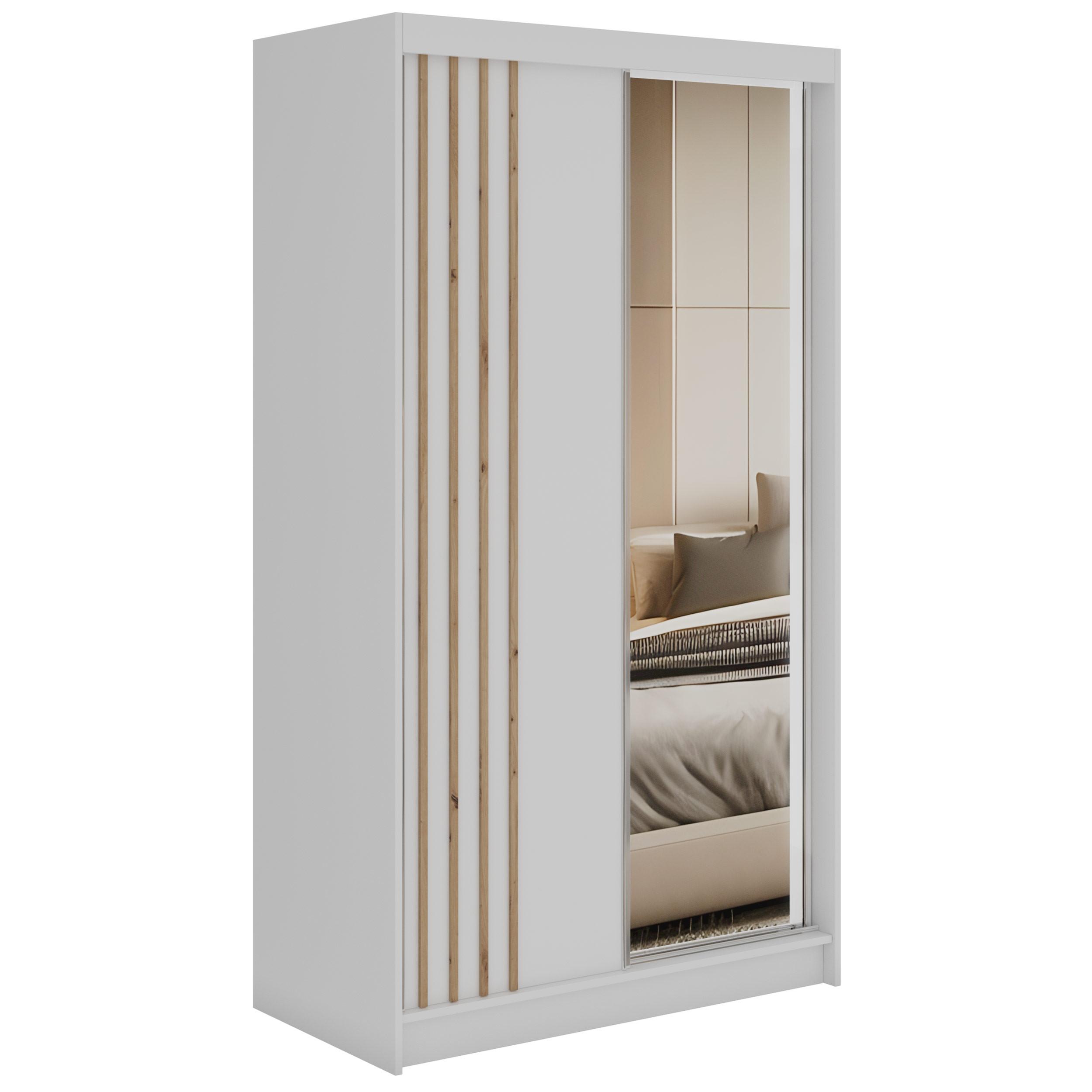 SCHWEBETÜRENSCHRANK mit Lamellen, Spiegel und Schubladen DIANA - 120 - Weiß und Eiche Artisan - Alufarben/Weiß, Holzwerkstoff/Metall (120/216/61cm) - MKS