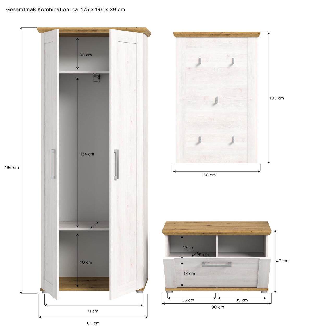 GARDEROBE Set 3-teilig weiß Lärche 175 cm, Komplettset im Landhaus-Stil - Silberfarben/Weiß, Holzwerkstoff/Kunststoff (175/196/39cm) - Inn.Furn