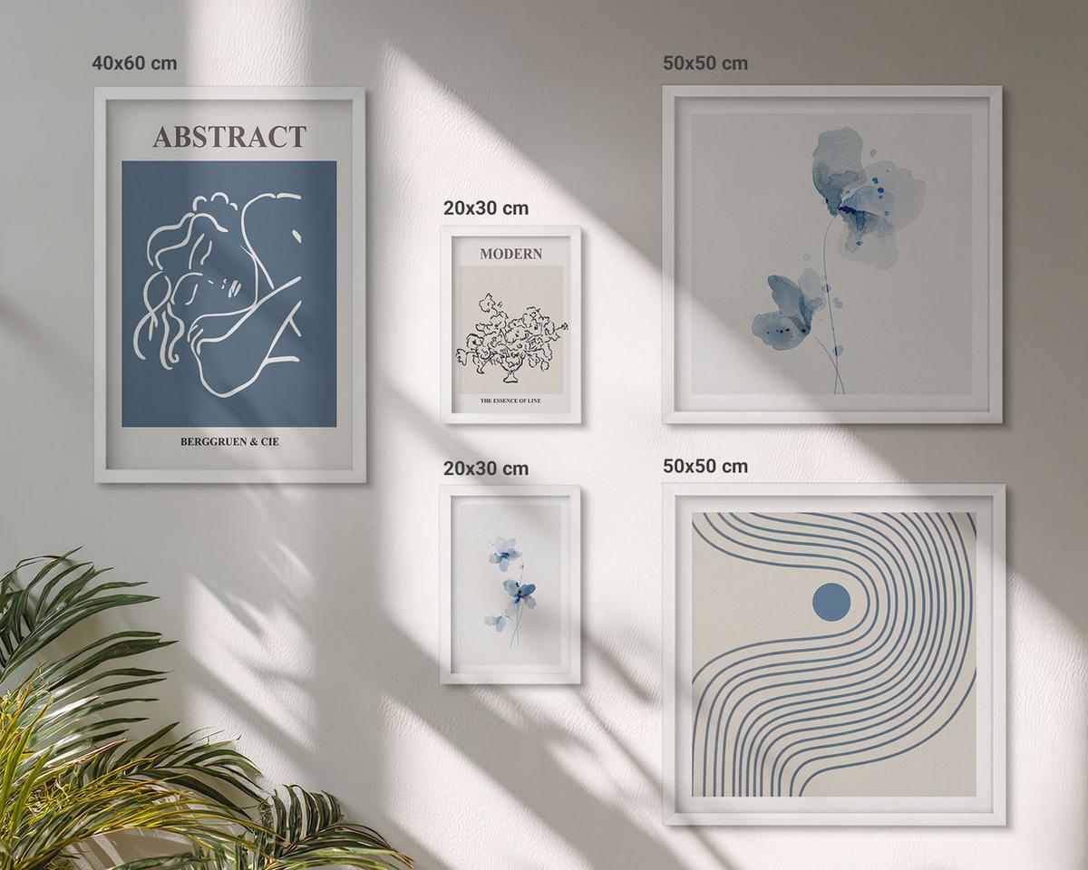 BILDER SET 5er Set - 50x50 cm & 20x30 cm & 40x60 cm Weißer Rahmen - abstrakte Poster mit Blumenlinien - Weiß, Kunststoff (40/60cm) - TULUP