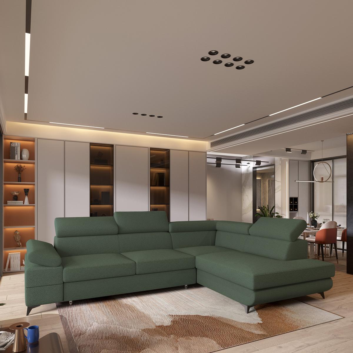 ECKSOFA FAVIEN R-S Grün Boucle-Stoff mit Schlaffunktion - Grün, Holz (257/190cm) - MASSENO