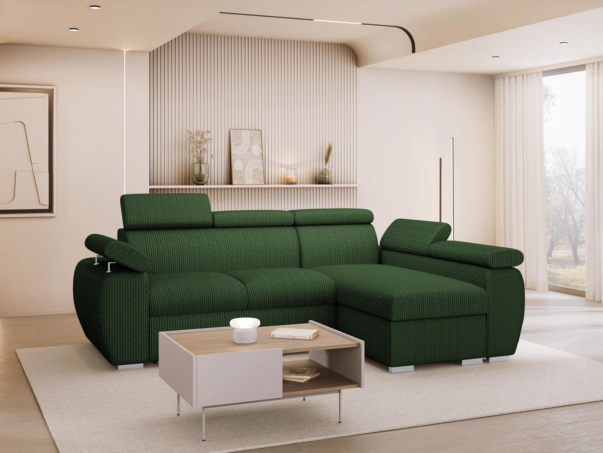 ECKSOFA Boston Mini Premium Cord 2RLC Seite: Rechts 2R+LC - Chromfarben/Grün, Holz/Textil (255/170cm) - MIRJAN24