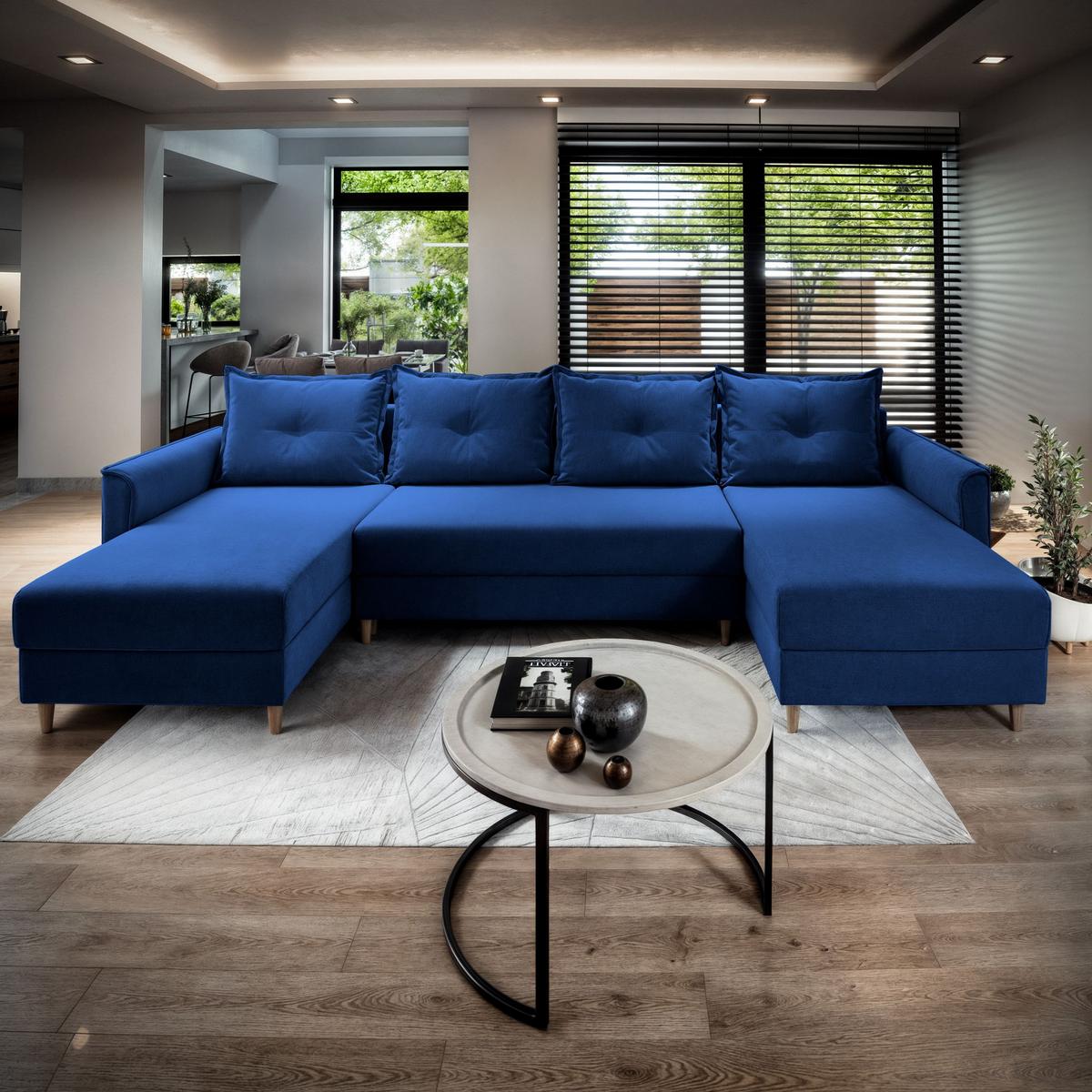 WOHNLANDSCHAFT VERNI Blau Plüsch-Stoff mit Schlaffunktion - Blau/Braun, Holz/Textil (285/91/143cm) - MASSENO