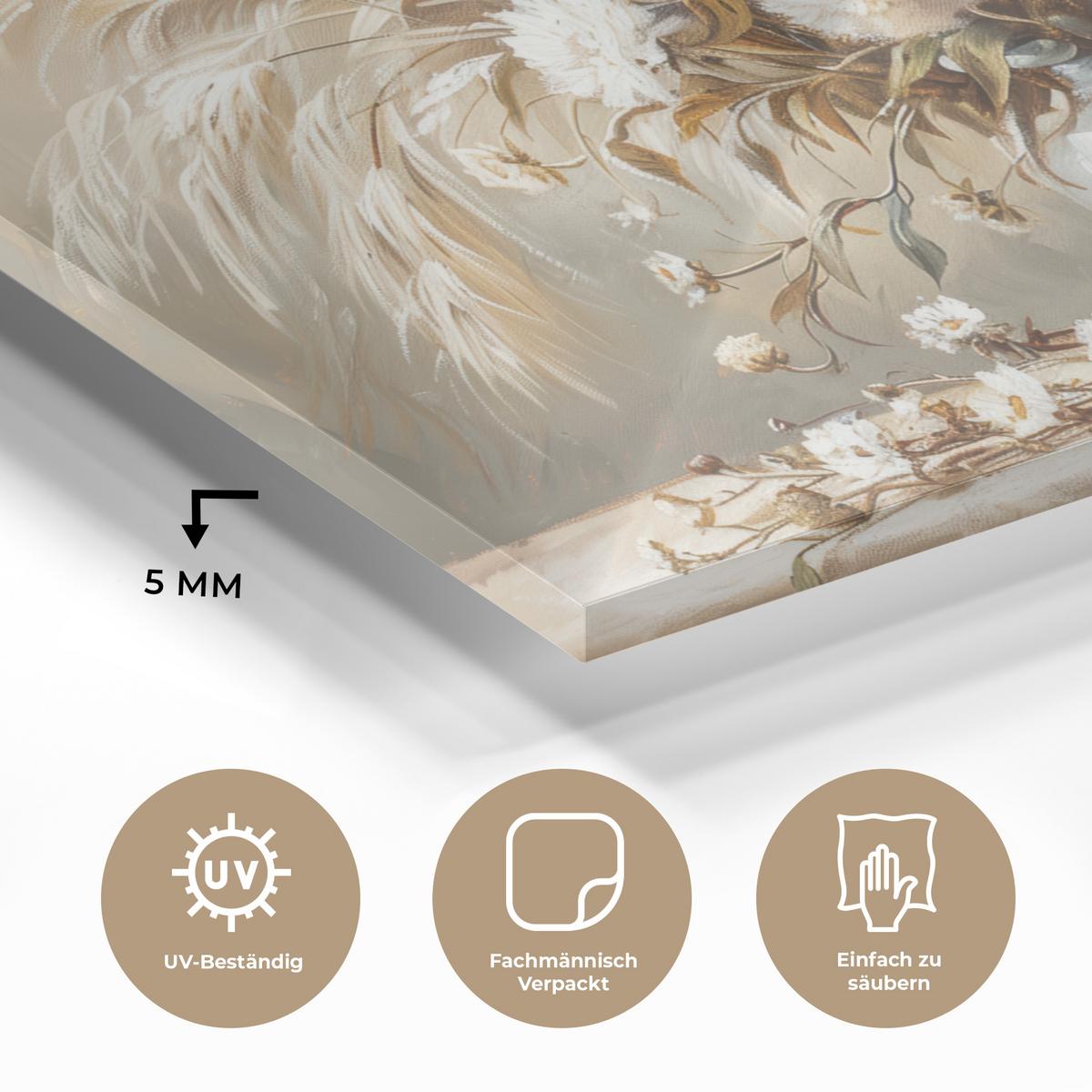 ACRYLGLASBILD Blumen - Vase - Stilleben - Beige Wandbild Schlafzimmer 120x80 cm - Creme, Glas (120/80cm) - MuchoWow