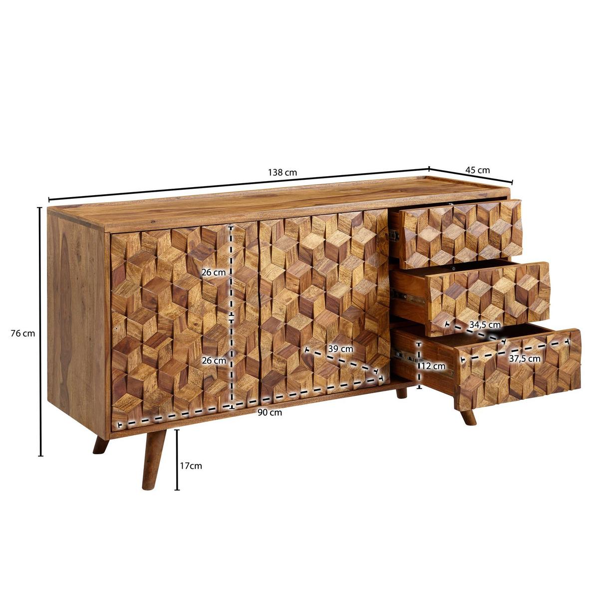 SIDEBOARD – Massivholz, 138x76x45 cm, mit Türen und Schubladen - Braun, Holz (138/76/45cm) - KADIMA DESIGN