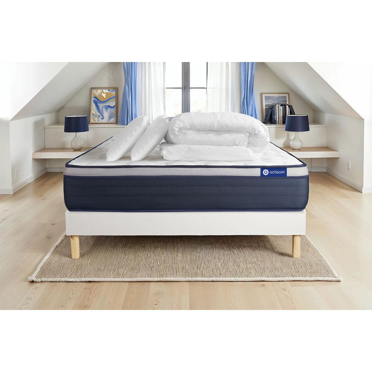 BETT Actilatex max Latex und Memory-Schaum 140 x 200 cm h3 - Kit Bettgestell Weiß - Mit Kissen und Bettdecke - Beige/Weiß, Karton/Holz (140/200cm) - ACTISOM
