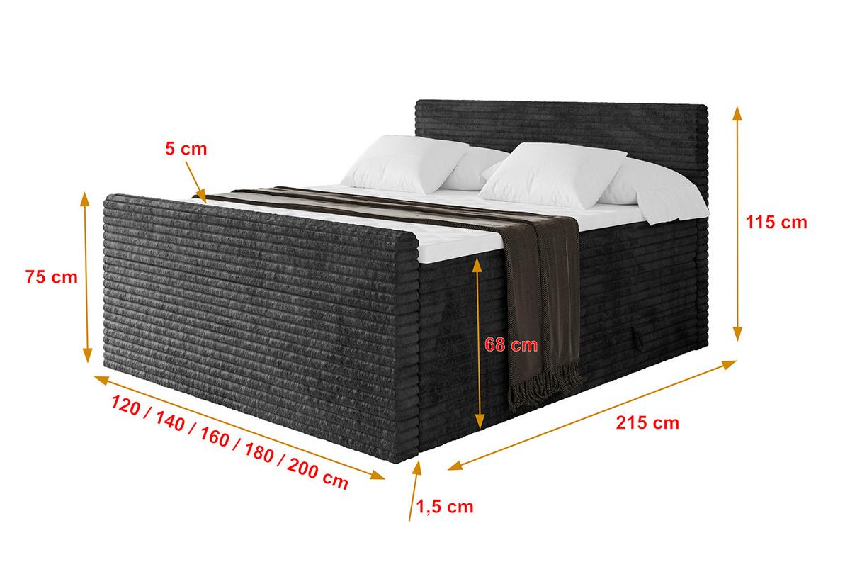 BOXSPRINGBETT mit Matratze H3|H4 und Lattenrost - TOLO-Z KING-v1 120x200 Cord - Schwarz - Schwarz, Holzwerkstoff (120/200cm)