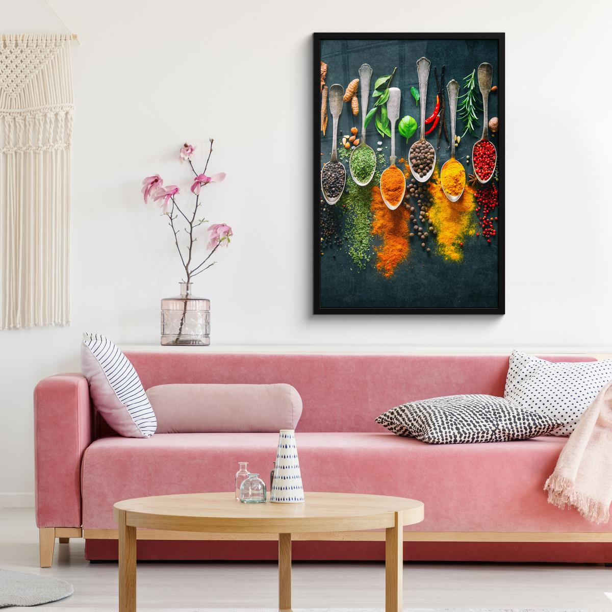 POSTER MIT RAHMENGERAHMTES BILD Kräuter - Gewürze - Löffel 60x90 cm - Currygelb, Papier (60/90cm) - MuchoWow
