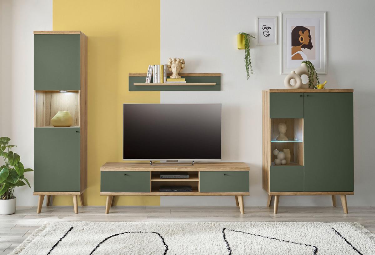 HIGHBOARD Salbei, Eiche Evoke, skandinavisch 90 x 134 cm, Kommode 2-türig mit Glaselement - Salbeigrün/Eichefarben, Glas/Holz (90/134/40cm) - Furn.Design