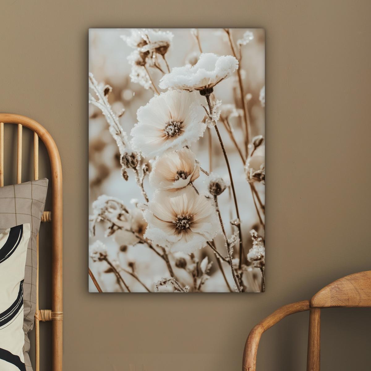 LEINWANDBILD Blumen - Winter - Weiß - Schnee - Beige Wanddeko 40x60 cm - Creme, Textil (40/60cm) - MuchoWow
