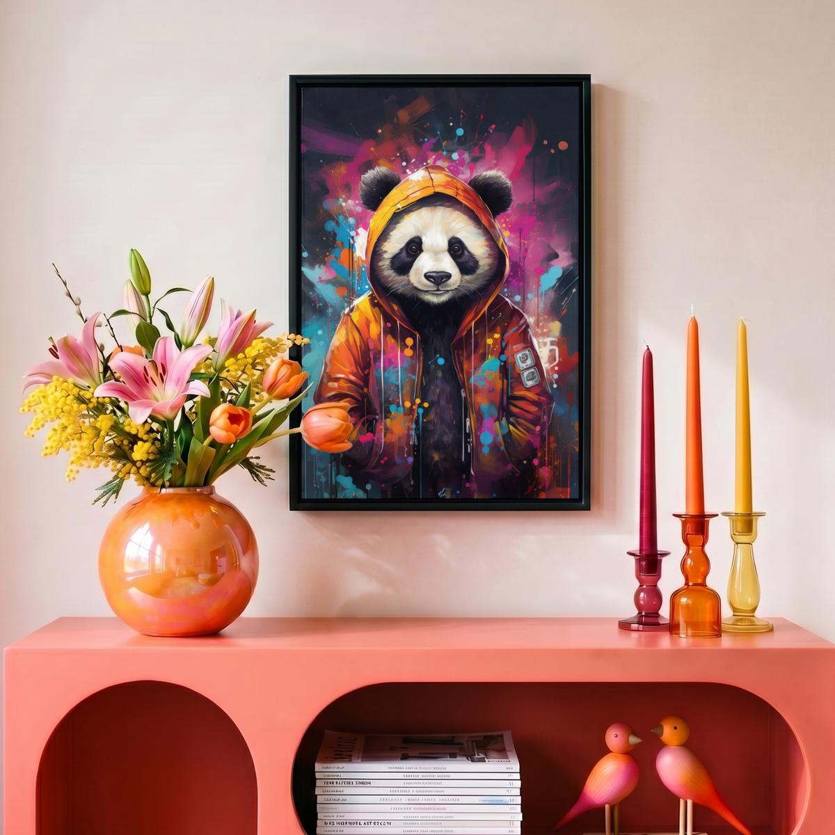 LEINWAND Bilder mit Rahmen - Panda - Jacke - Graffiti - Orange - 20x30 - Orange, Textil (20/30cm) - MuchoWow
