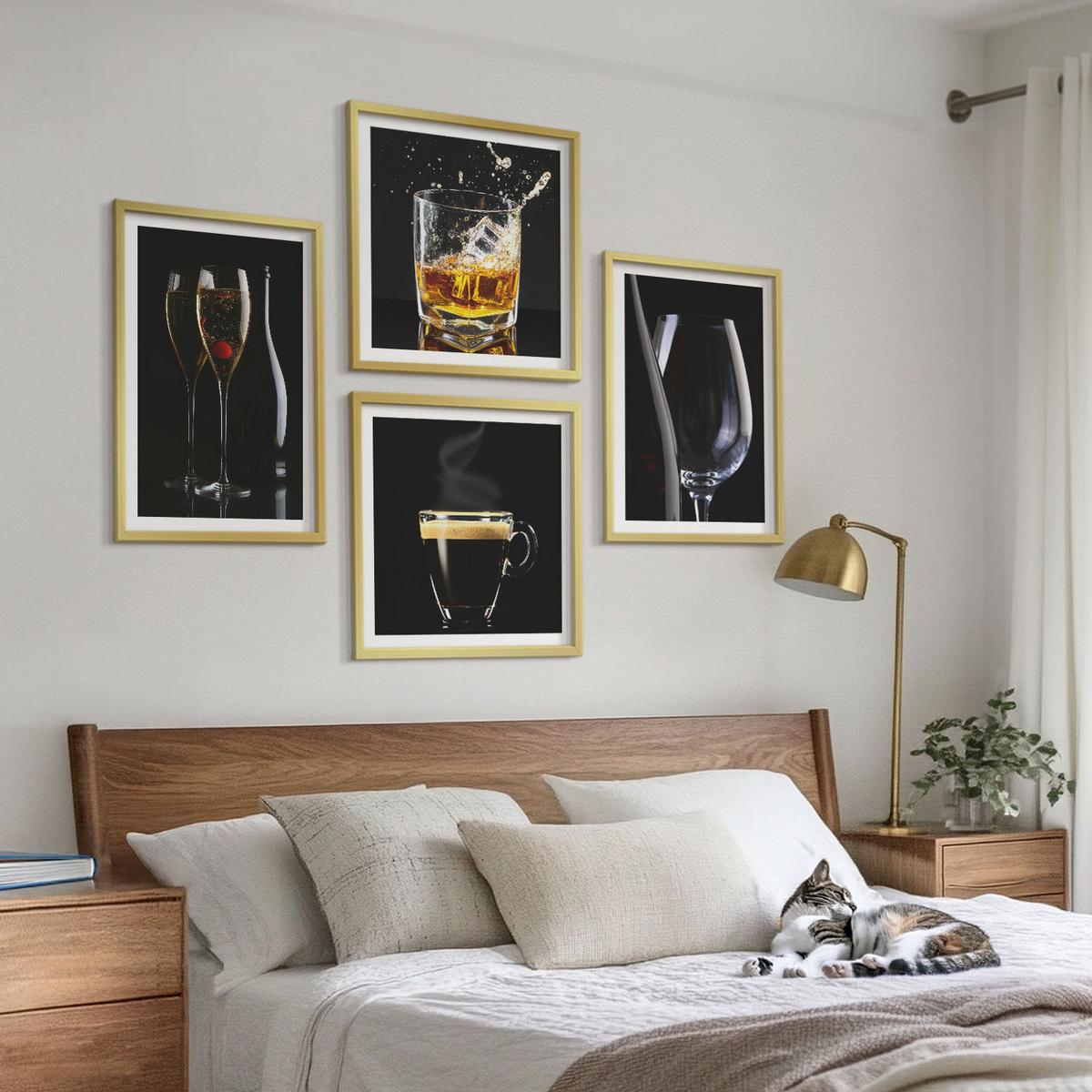 BILDER SET 4er Set - 50x50 cm & 40x60 cm Goldrahmen - Whisky, Wein, Champagner, Kaffee, Alkohol - Goldfarben, Kunststoff (50/50cm) - TULUP