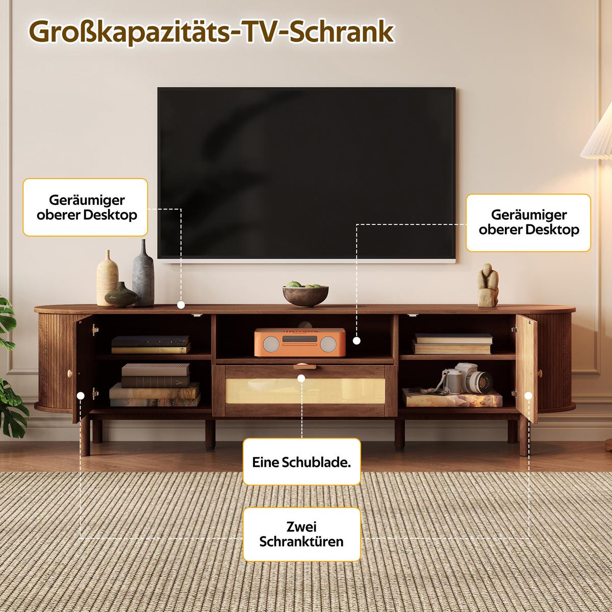 TV-SCHRANK 175 cm Nussbaum MDF mit Rattan-Schublade, offenen Fächern und Runddesign - Walnussfarben, Holzwerkstoff (175/51/36cm) - Urban Meuble