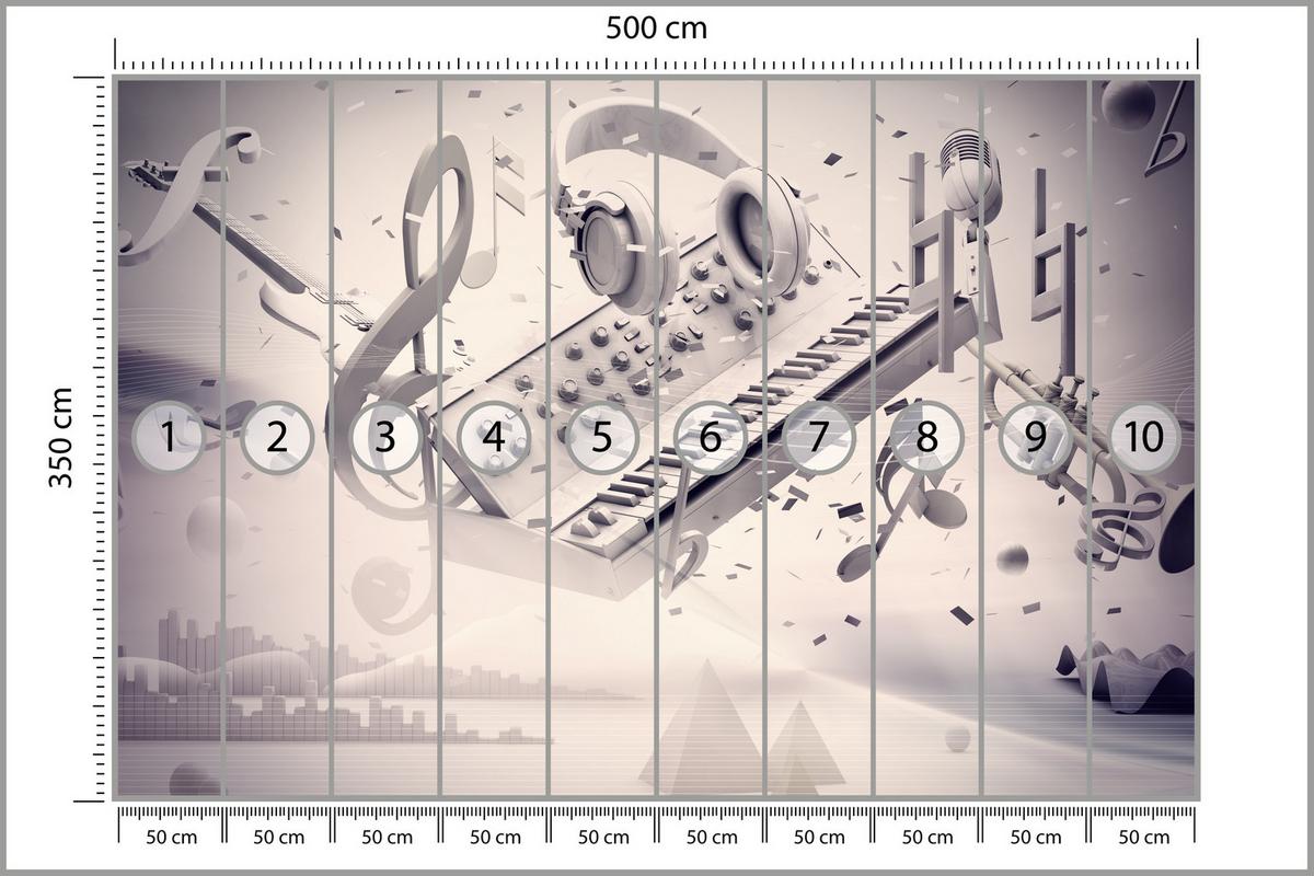 FOTOTAPETE für Jugendzimmer Modern Kollage Musik Klavier Noten Kopfhörer 500x350 - Grau, Papier (500/350cm) - Muralo