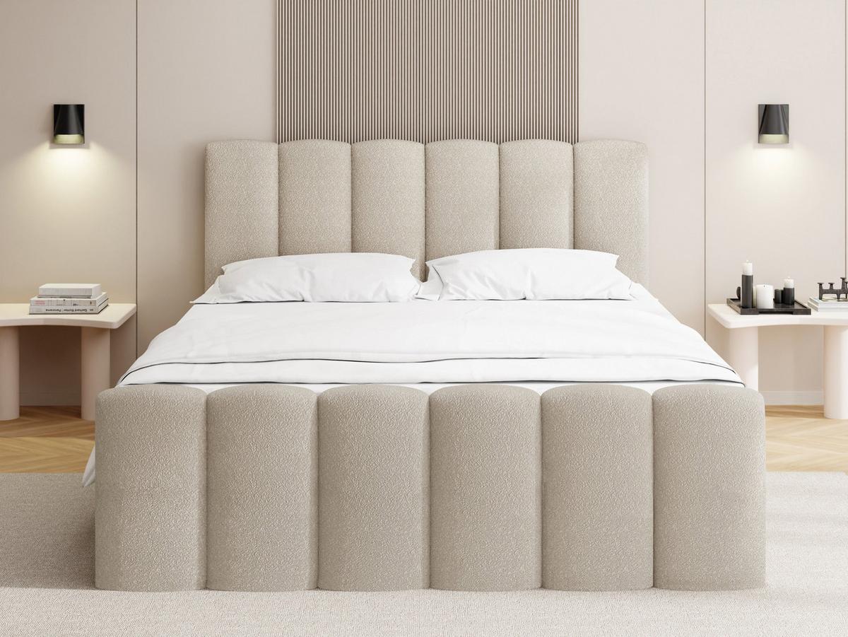BOXBETT Serenity mit Bettkasten, Boucle Beige 120x200 cm – inkl. H4 Taschenfederkern Matratze & Foam Topper - Beige/Schwarz, Holz/Holzwerkstoff (120/200cm) - WFL GROUP