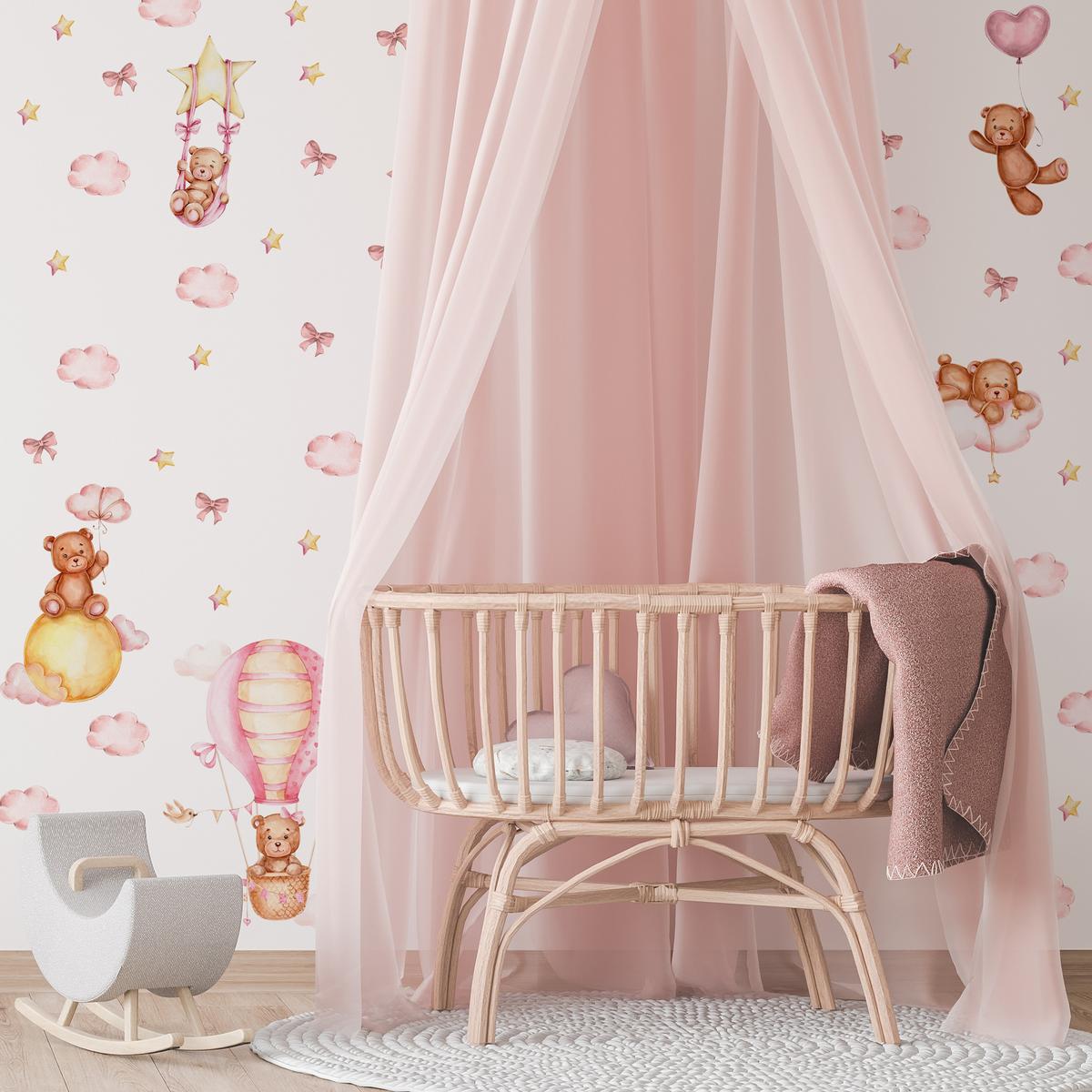 WANDSTICKER Teddybären rosa Wolken Sterne Ballons 120x60 - Gelb/Beige, Papier (120/60/1cm) - Muralo
