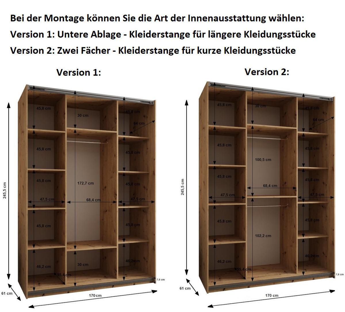 SCHWEBETÜRENSCHRANK 245,5/170/64 2-türig - Schwarz/Weiß, Holz/Metall (170/245/64cm) - Abiks Möbel