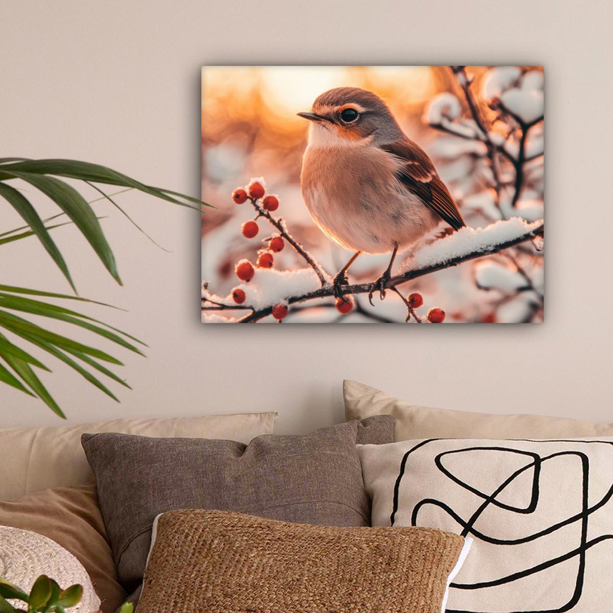 LEINWANDBILD Vogel - Zweig - Winter - Tiere - Schnee Wandbild 40x30 cm - Bernsteinfarben, Textil (40/30cm) - MuchoWow
