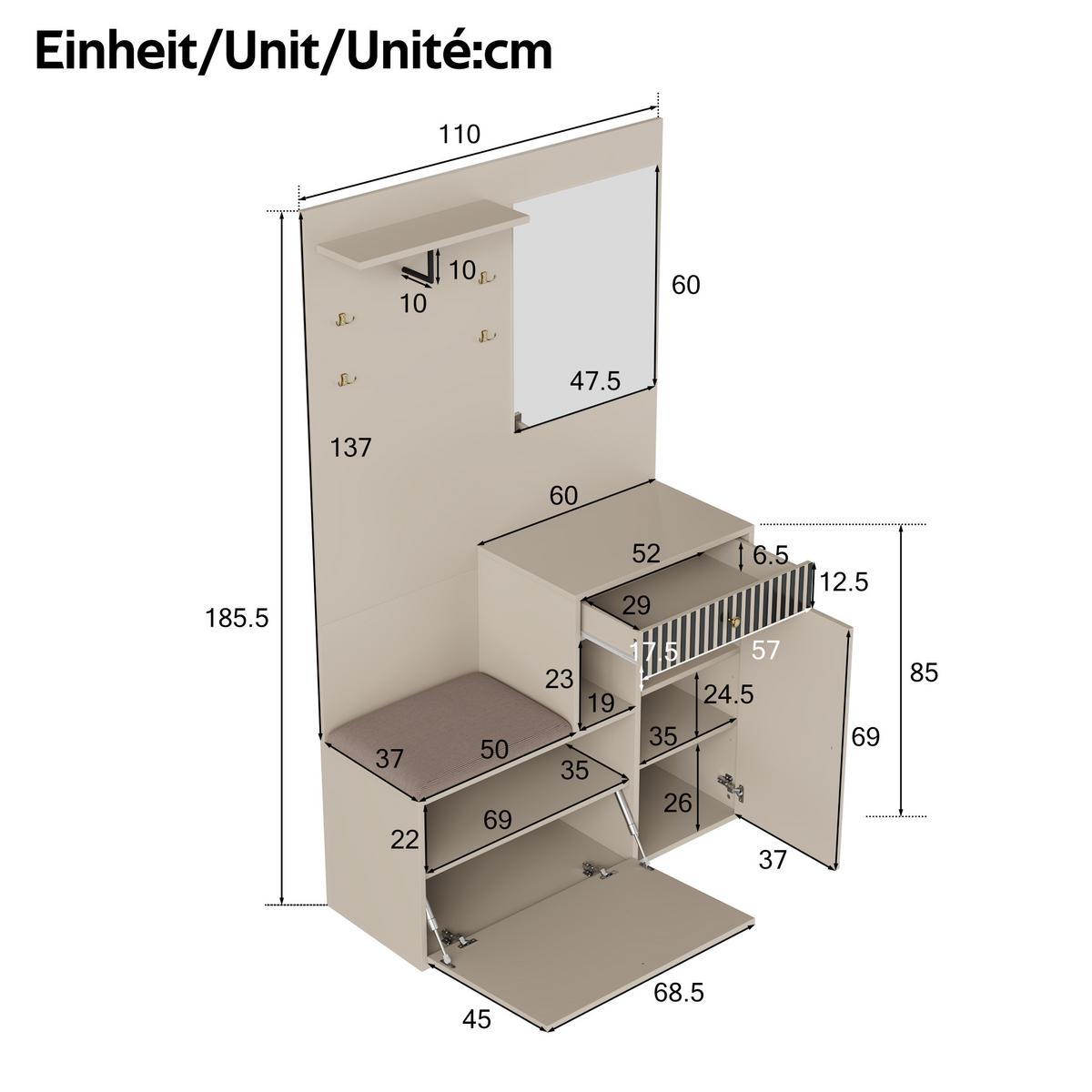 GARDEROBE FÜR FLUR - kombischrank mit Spiegel, Sitzbank und Stauraum - Beige, Glas/Holzwerkstoff (110/186/37cm) - Urban Meuble