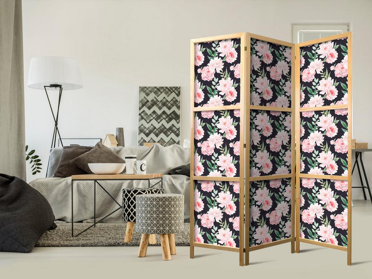 PARAVENT Japanischer 3-tlg 135x172 cm Pfingstrosen - Multicolor, Holz/Textil (135/172/3cm) - Muralo