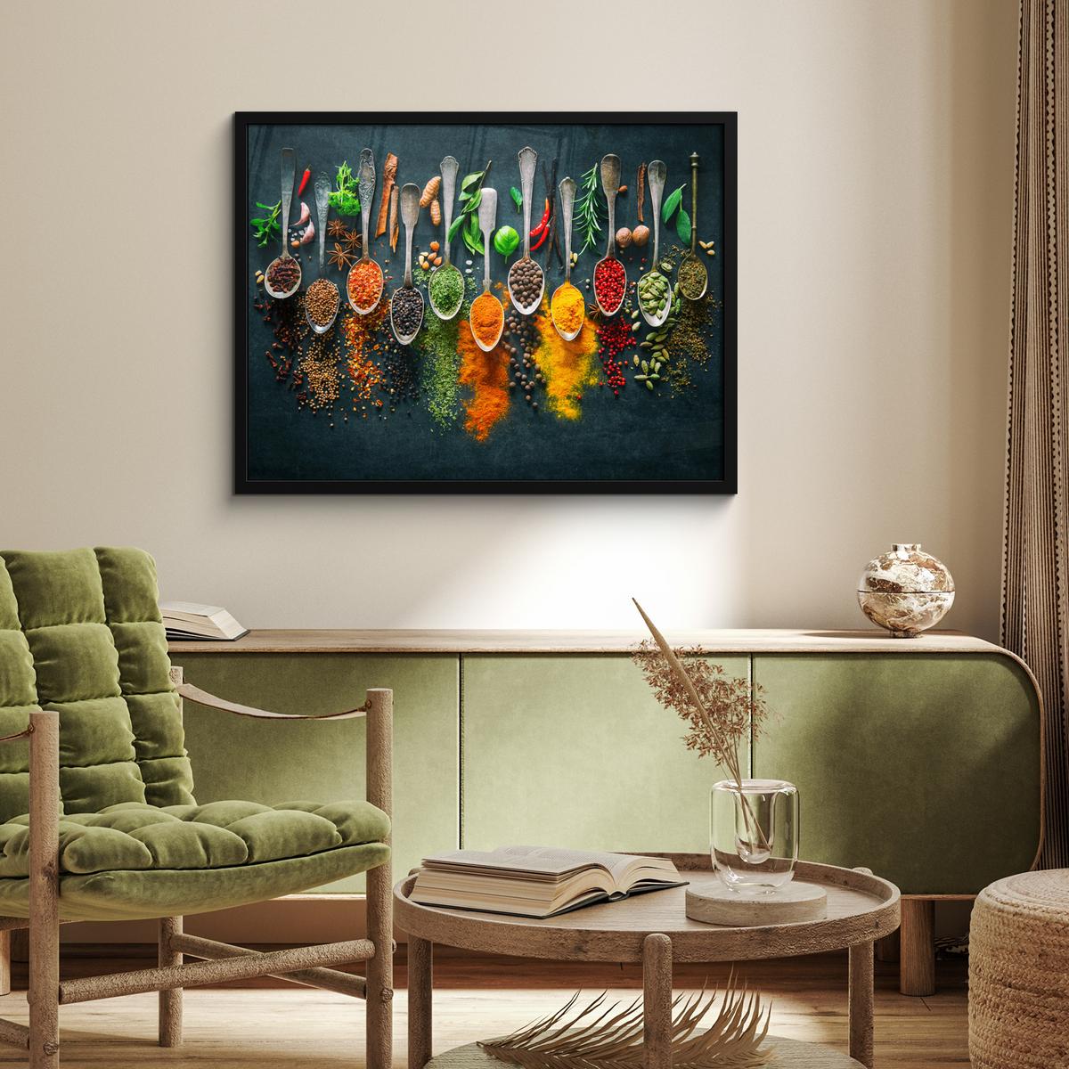 POSTER MIT RAHMENGERAHMTES BILD Kräuter - Gewürze - Löffel 80x60 cm - Currygelb, Papier (80/60cm) - MuchoWow