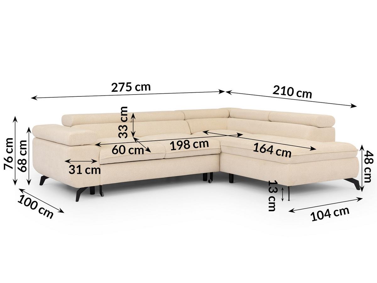 ECKSOFA mit Schlaffunktion und Bettkasten Bonnie aus Creme Chenille-Stoff mit verstellbaren Kopfstützen und Armlehne - Ottomane rechts - Creme/Schwarz, Holz/Textil (275/210cm) - S-Style