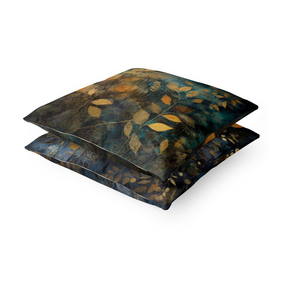 DEKOKISSEN 2er-Set Goldene Blätter auf Blau Duo 50/50 cm - Goldfarben, Textil (50/50cm) - Bilderwelten