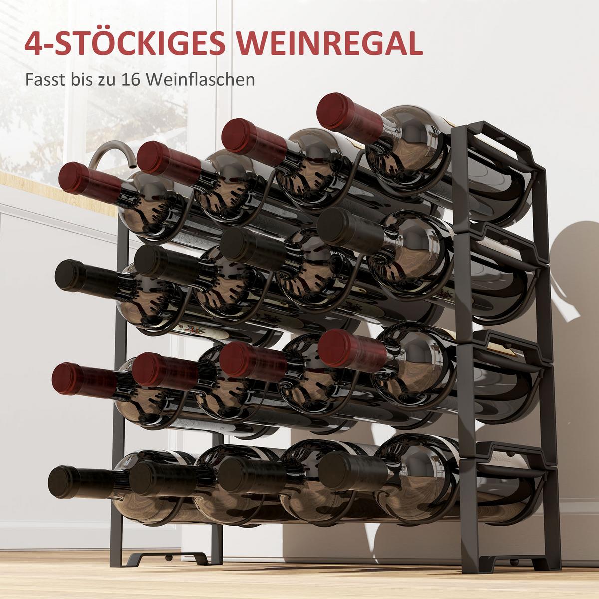 4-STUFIGES Weinregal, freistehendes Regal für 16 Weinflaschen, Metall, Schwarz - Schwarz, Metall (16.5/41/42.5cm) - HOMCOM