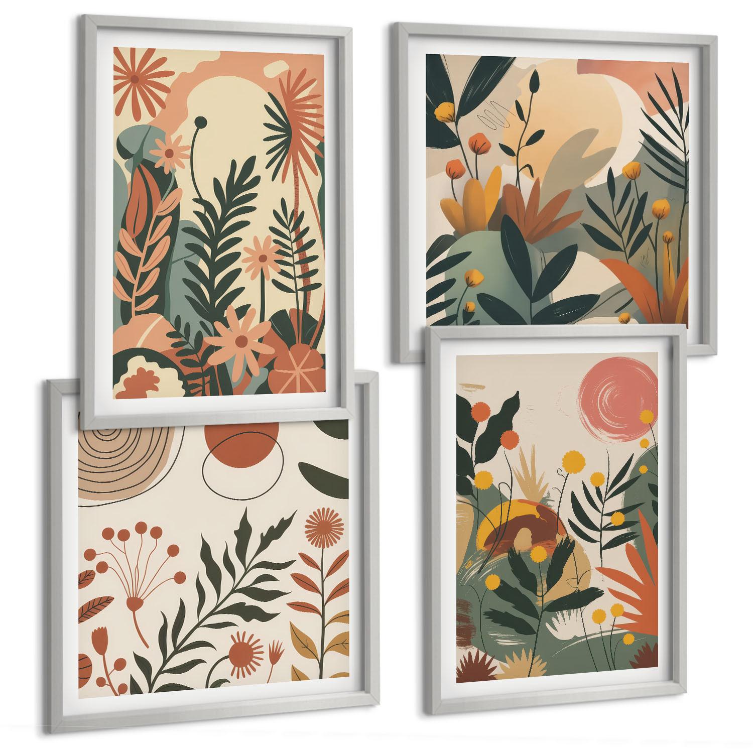 BILDER SET 4er Set - 50x50 cm & 40x60 cm Silberner Rahmen - Pastellfarbene Pflanzenmuster - Silberfarben, Kunststoff (50/50cm) - TULUP