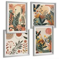 BILDER SET 4er Set - 50x50 cm & 40x60 cm Silberner Rahmen - Pastellfarbene Pflanzenmuster - Silberfarben, Kunststoff (50/50cm) - TULUP