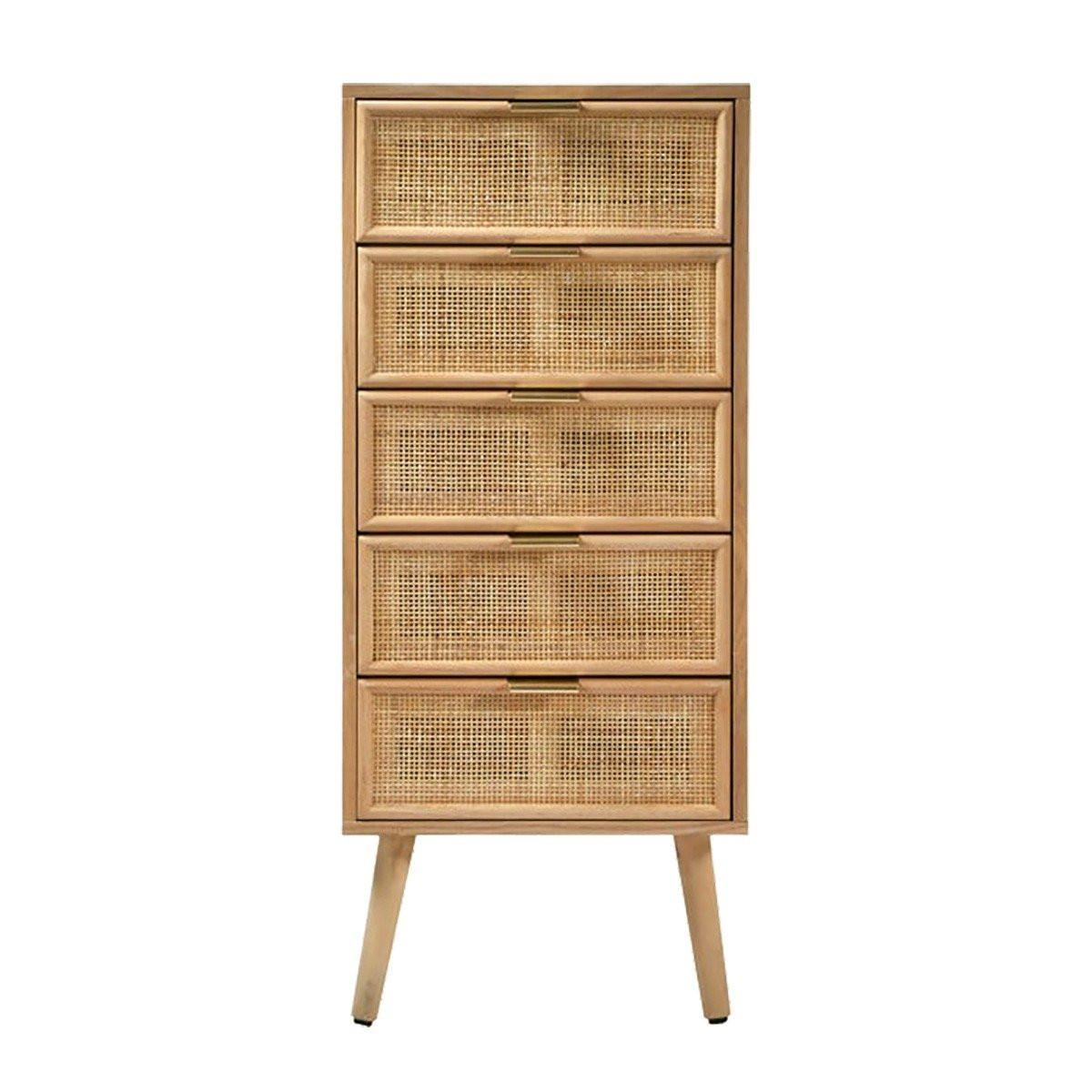 KOMMODE mit 5 Schubladen und Fronten aus natürlichem Rattan - H100,5 cm - Eschefarben, Holzwerkstoff (42/100.5/36.5cm) - Calicosy