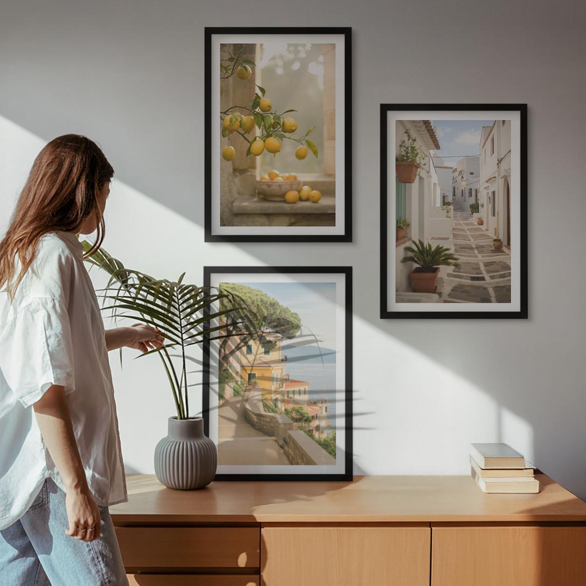 BILDER SET 3er Set - 40x60 cm Schwarzer Rahmen - Blick aus dem Fenster auf einen Zitrusbaum - Schwarz, Kunststoff (40/60cm) - TULUP