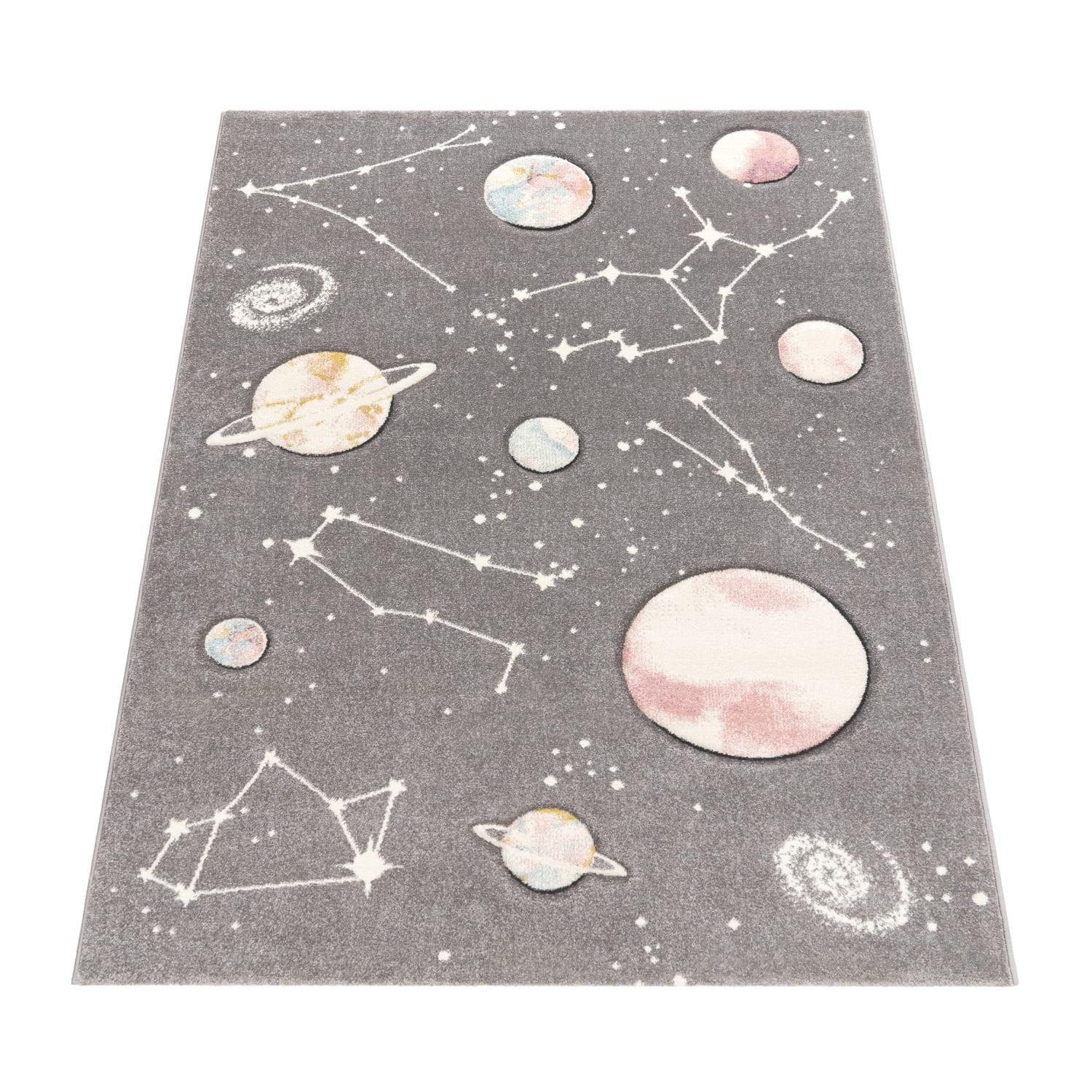 KINDERTEPPICH, mit Weltraum-Motiv, aus Polypropylen, Grau, 133 x 133 cm - Grau, Textil (133/133cm) - KADIMA DESIGN