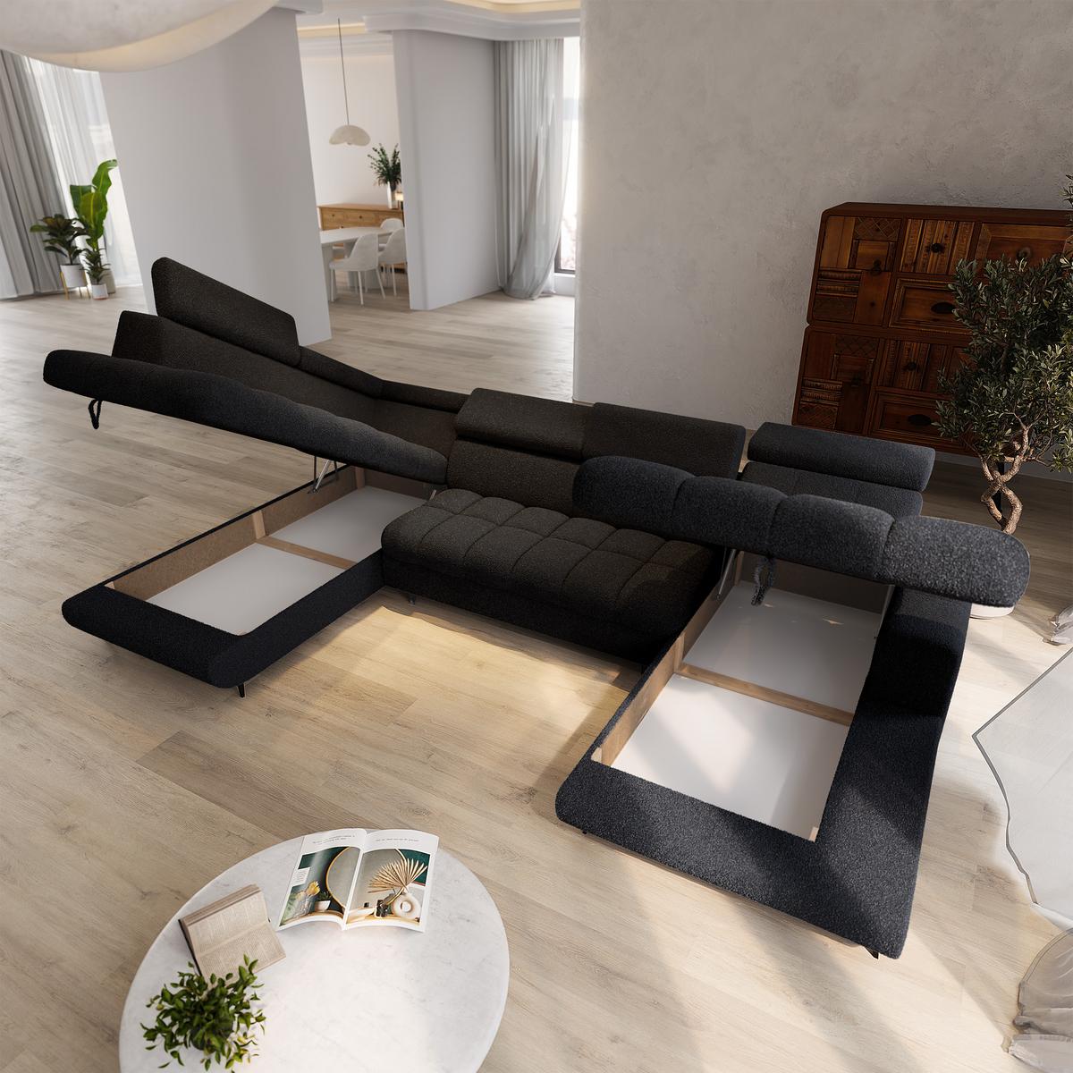 WOHNLANDSCHAFT CORENO Schwarz Boucle-Stoff mit Schlaffunktion - Schwarz, Holz (345/88/190cm) - MASSENO