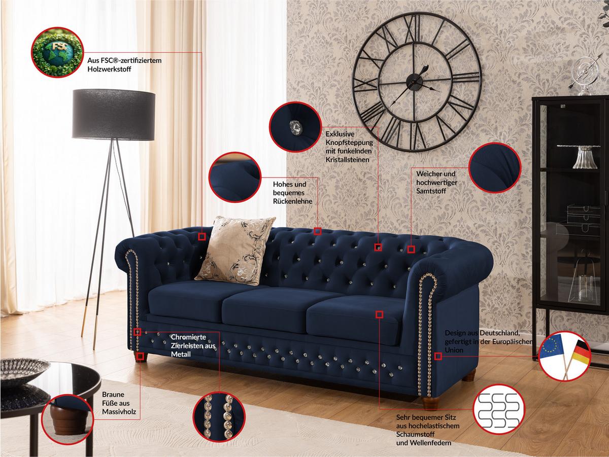 CHESTERFIELD-SOFA 3-sitzer Cleo Blink Marineblau Samt mit Kristallsteppung und braunen Massivholzfüßen - Blau/Braun, Holz/Textil (203/72/86cm) - S-Style Möbel