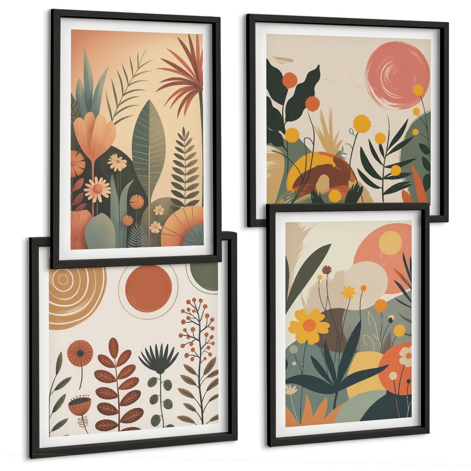 BILDER SET 4er Set - 50x50 cm & 40x60 cm Schwarzer Rahmen - Boho-Pflanzenmuster - Schwarz, Kunststoff (50/50cm) - TULUP