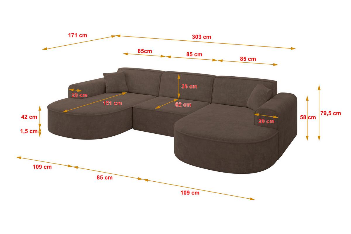 WOHNLANDSCHAFT MARI-U1 - 303x171x79 cm Braun Velours - Schwarz/Braun, Holzwerkstoff/Kunststoff (303/79/171cm) - ALTDECOR