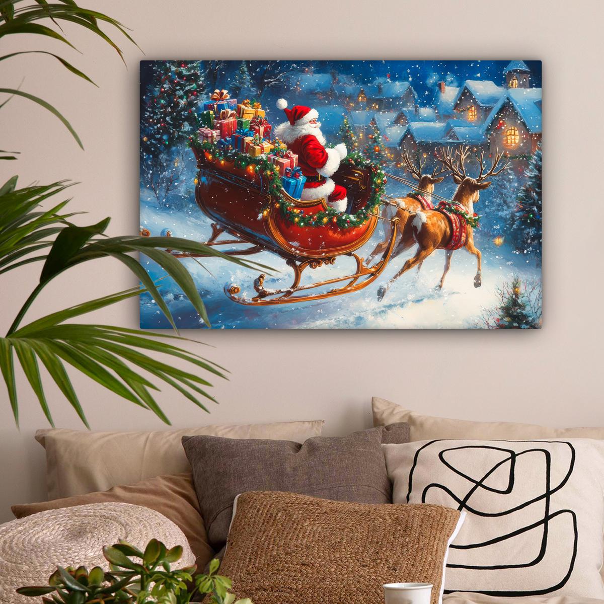 LEINWANDBILD Weihnachtsmann - Rentier - Weihnachten - Schnee Gemälde 60x40 cm - Cognac, Textil (60/40cm) - MuchoWow