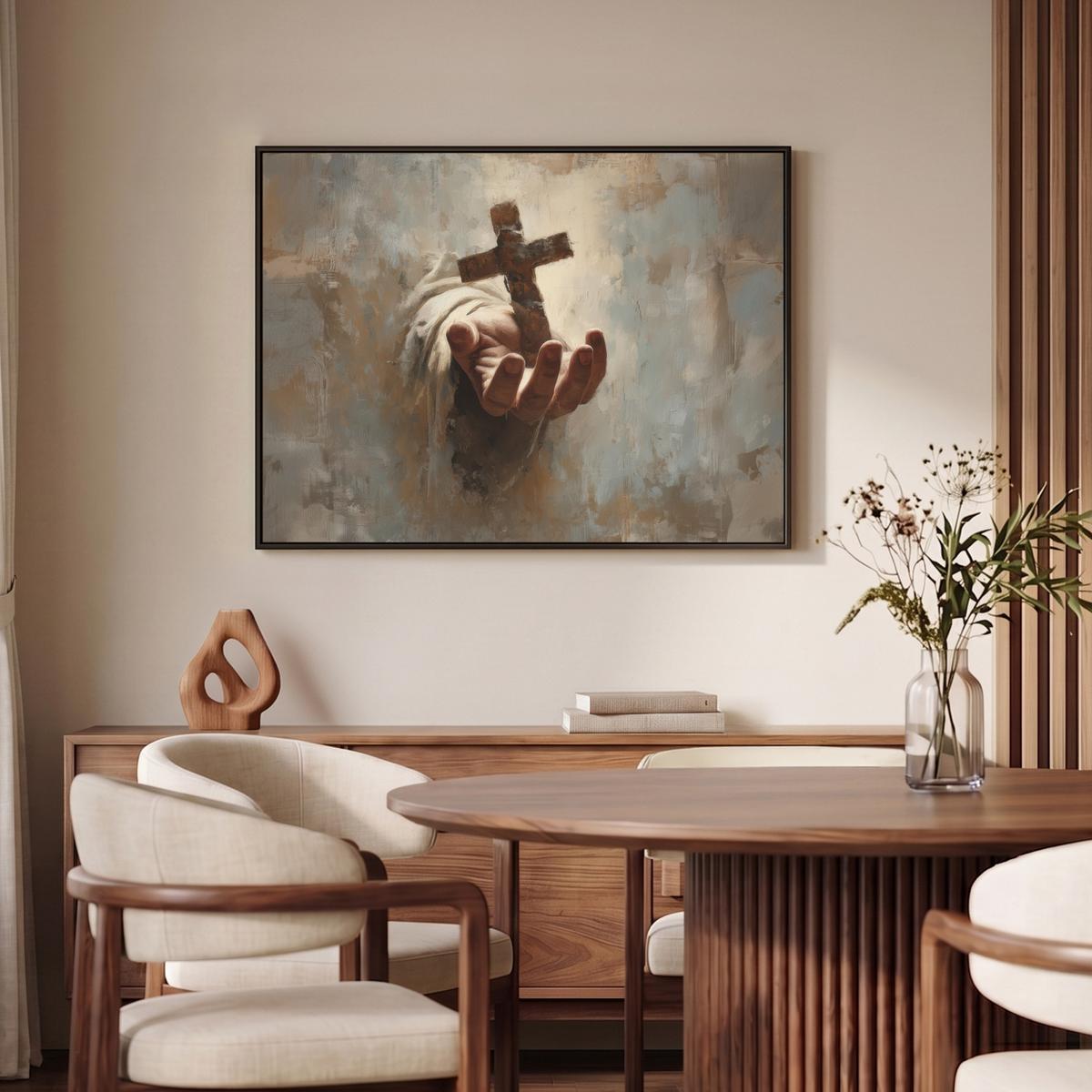 LEINWAND Bilder mit Rahmen - Abstrakt - Kreuz - Hand - Christentum - 100x70 - Hellbraun, Textil (100/70cm) - MuchoWow