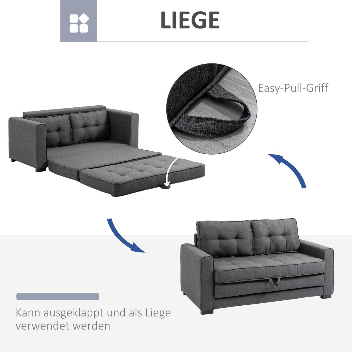SCHLAFSOFA Klappsofa 2-Sitzer Sofa mit Schlaffunktion Leinen-Touch Holz Grau - Schwarz/Grau, Holz/Textil (75/85/147.5cm) - HOMCOM