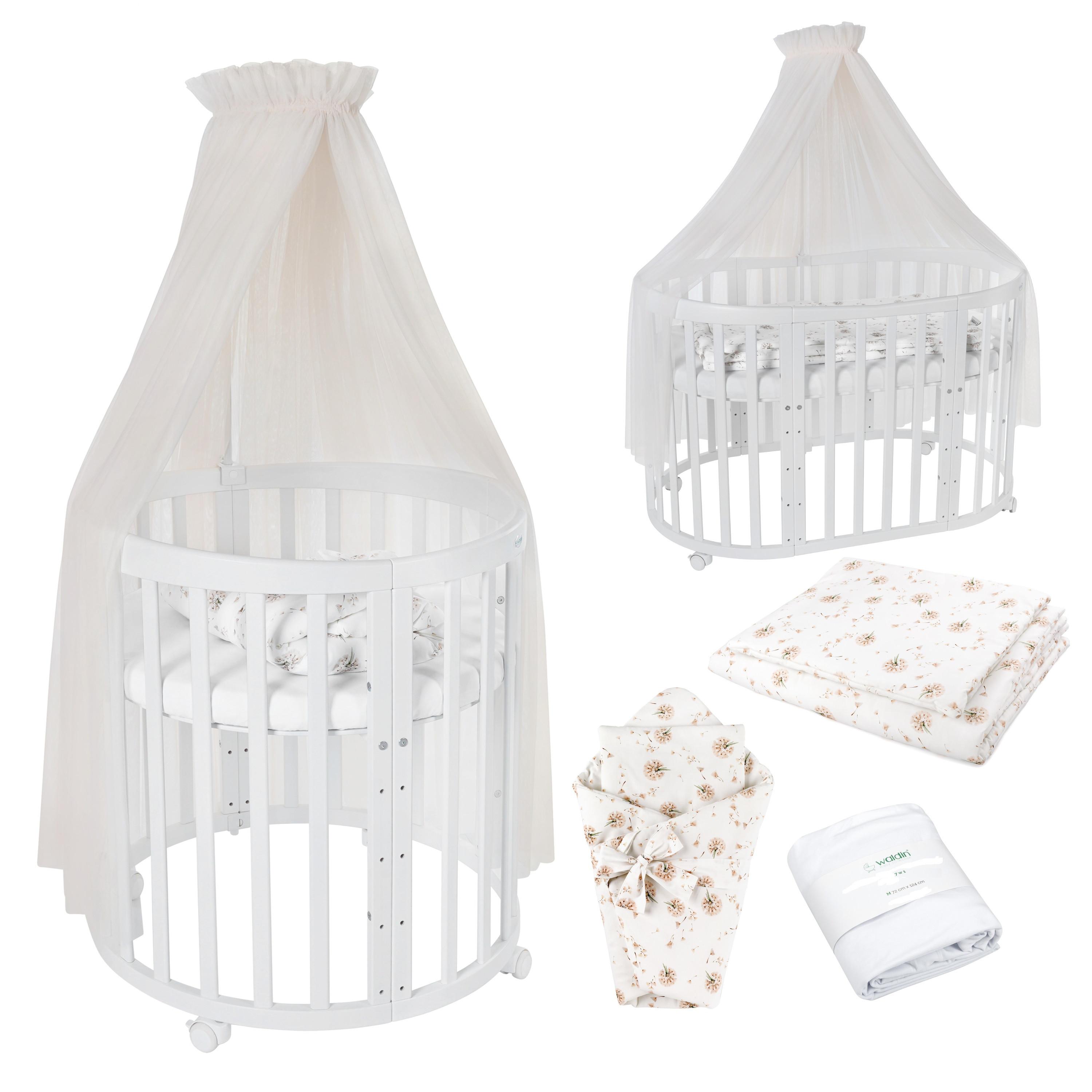 BABYBETT WHITE OVAL 7in1 mit Matratze und Himmelset - Champagner/Weiß, Holz/Textil (73/125cm) - waldin