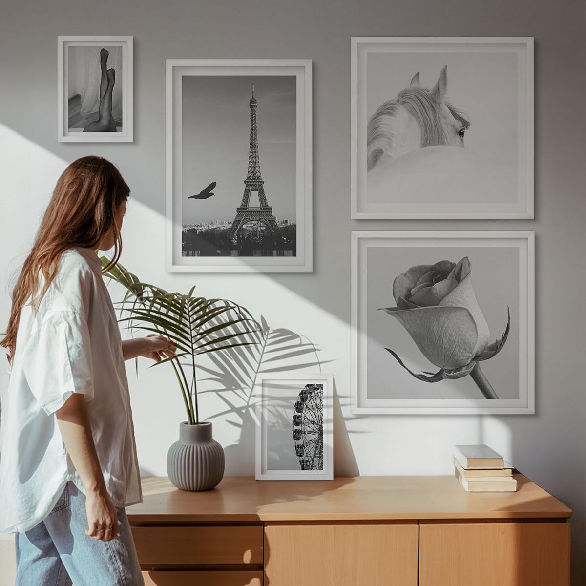 BILDER SET 5er Set - 50x50 cm & 20x30 cm & 40x60 cm Weißer Rahmen - Abstrakte warme Muster - Weiß, Kunststoff (40/60cm) - TULUP