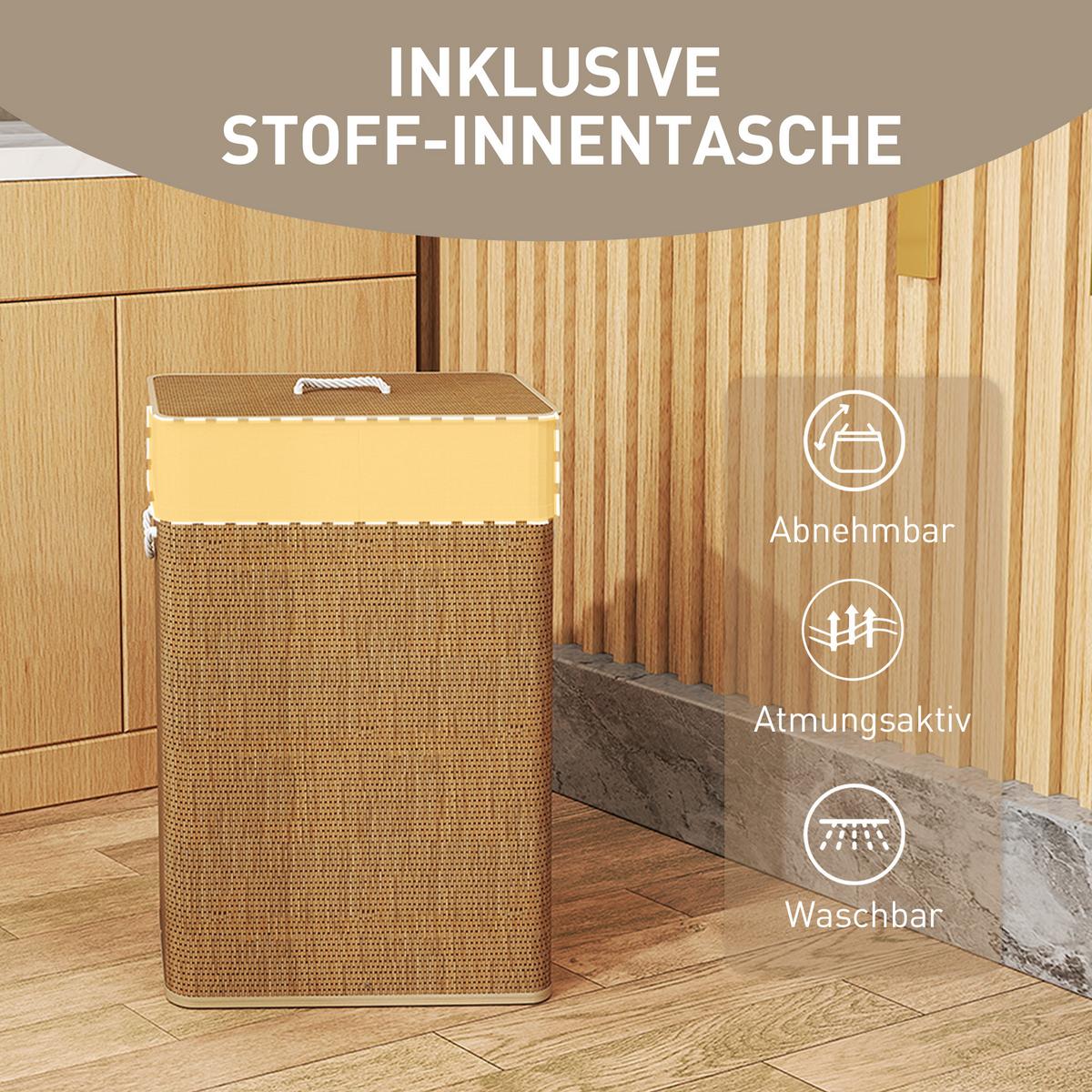 BAMBUS Wäschekorb mit Deckel 72 L Wäschesammler mit Seilgriffen Braun - Braun, Naturmaterialien (30/60/40cm) - HOMCOM