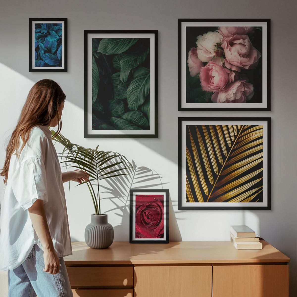 BILDER SET 5er Set - 50x50 cm & 20x30 cm & 40x60 cm Schwarzer Rahmen - Abstrakte schwarze Muster - Schwarz, Kunststoff (40/60cm) - TULUP