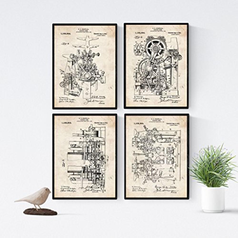 POSTER Set mit 4 Jahrgang Druckerei Patent A4 Schwarzer Rahmen - Schwarz, Papier (29.7/3cm) - Nacnic