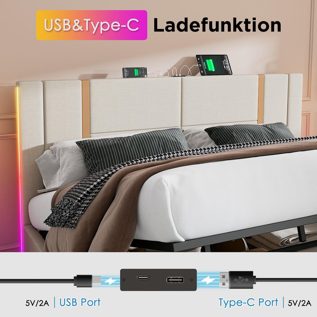 POLSTERBETT Leinen Beige mit LED USB Typ C Stauraum 160×200 cm - Beige, Holzwerkstoff/Textil - Urban Meuble